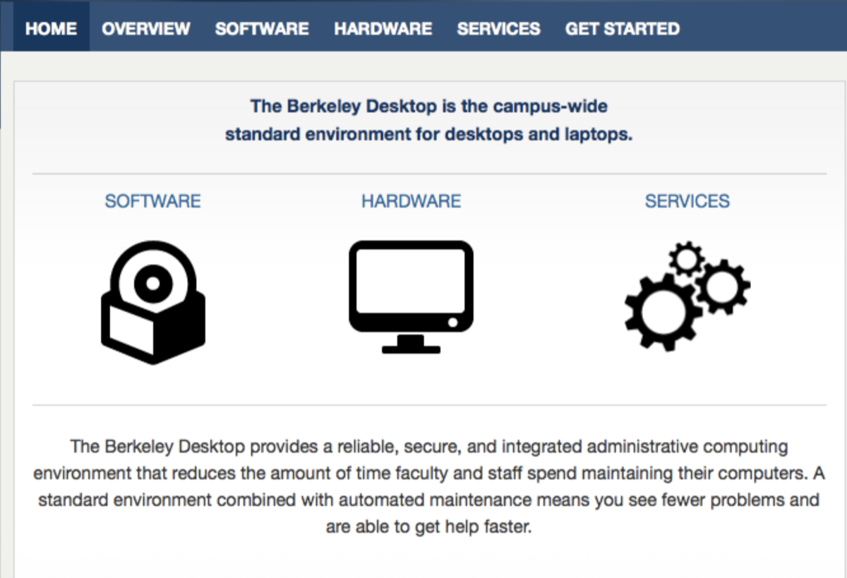 Berkeley Desktop service homepage — &ldquo;the campus-wide standard environment for desktops and laptops&rdquo; — with sections for Software, Hardware, and Services.