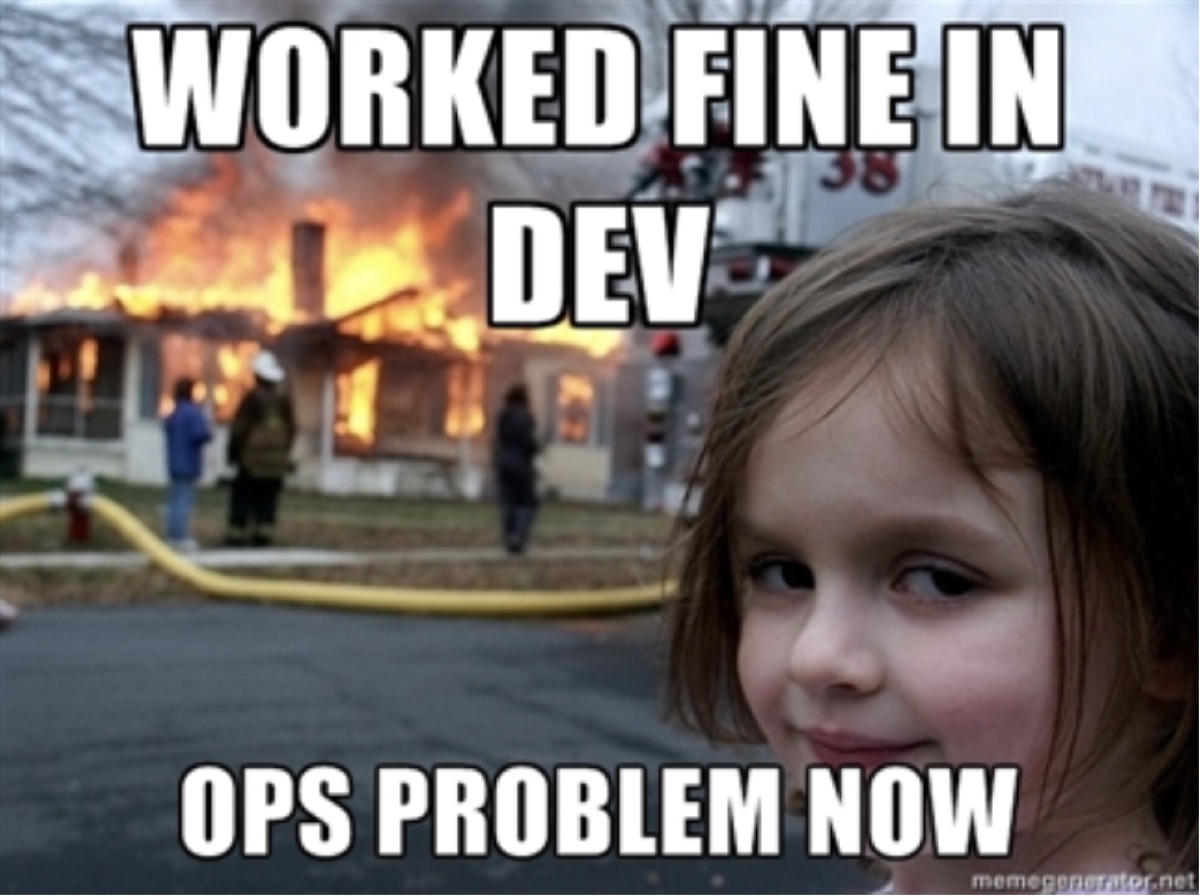Disaster Girl meme: &ldquo;Worked Fine in Dev / Ops Problem Now.&rdquo;