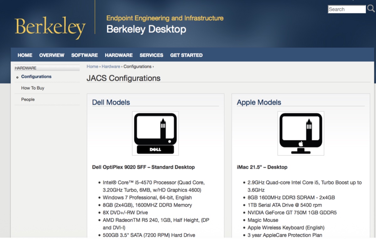 Berkeley Desktop JACS Configurations page showing Dell OptiPlex 9020 SFF and iMac 21.5" standard models with full hardware specs.