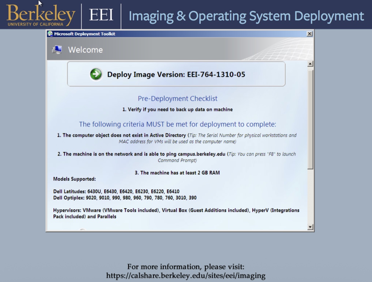 Microsoft Deployment Toolkit &ldquo;Welcome&rdquo; screen with a Berkeley EEI Imaging & Operating System Deployment header, showing pre-deployment checklist and a list of supported Dell Latitude/Optiplex models and hypervisors.