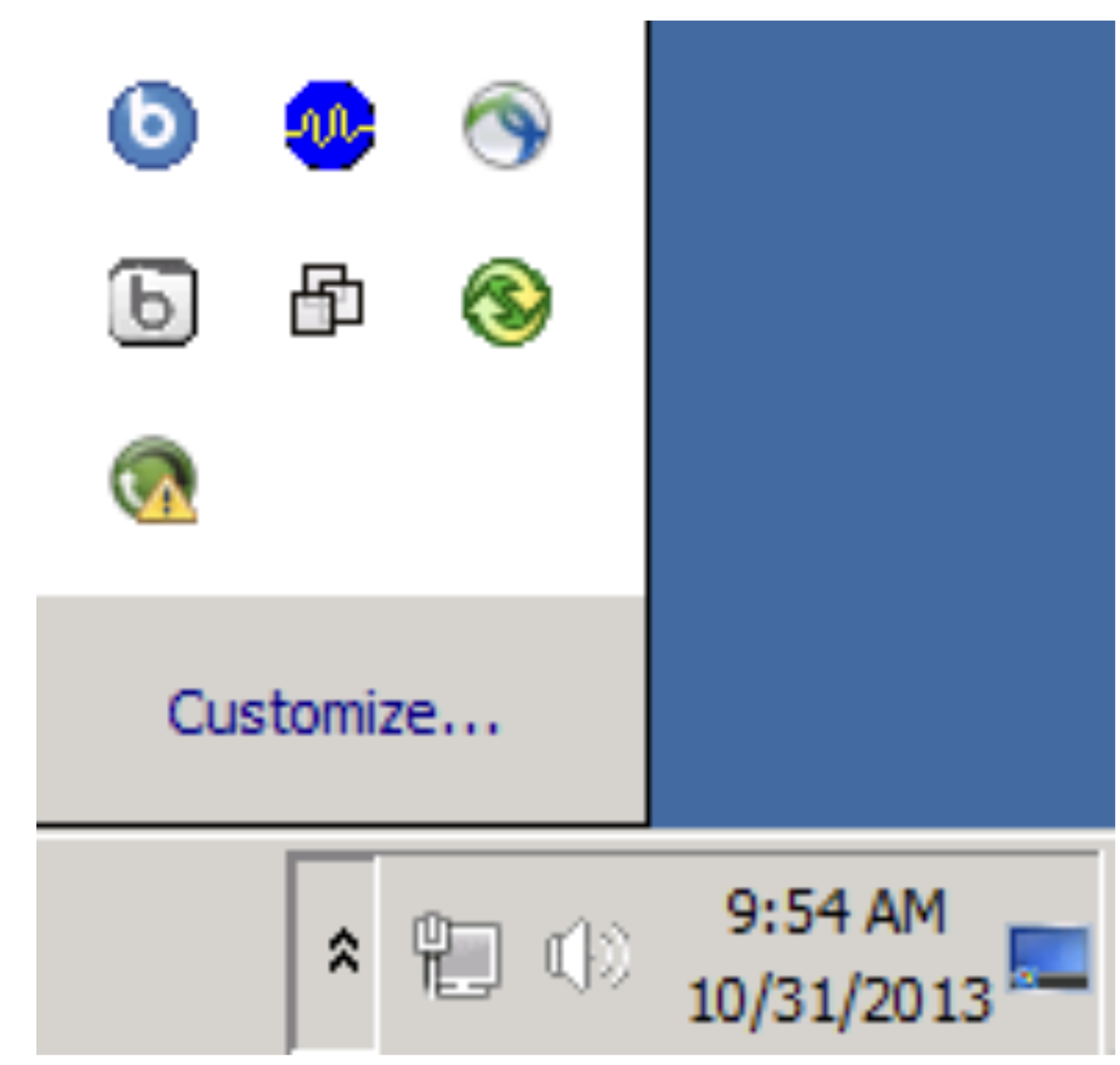 Windows system tray showing icons for self-service applications (Bomgar, Splunk, etc.) above the customize panel and clock reading 9:54 AM 10/31/2013.