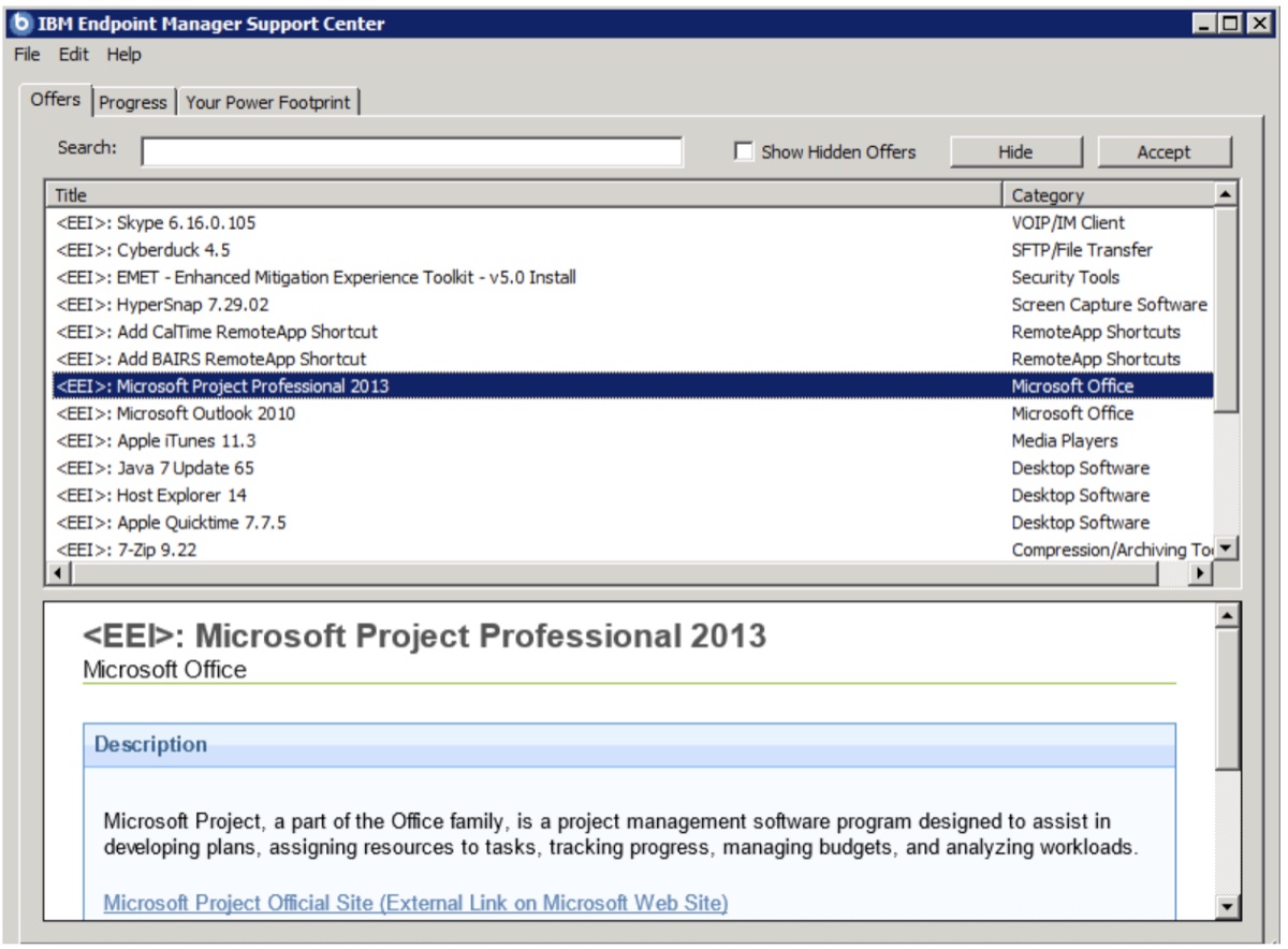 IBM Endpoint Manager Support Center screenshot listing self-service software offers: Skype, Cyberduck, EMET, HyperSnap, RemoteApp shortcuts, Microsoft Project Professional 2013 (selected), Outlook 2010, Apple iTunes, Java 7, Host Explorer, Apple Quicktime, 7-Zip. The lower pane shows the Microsoft Project Pro description.