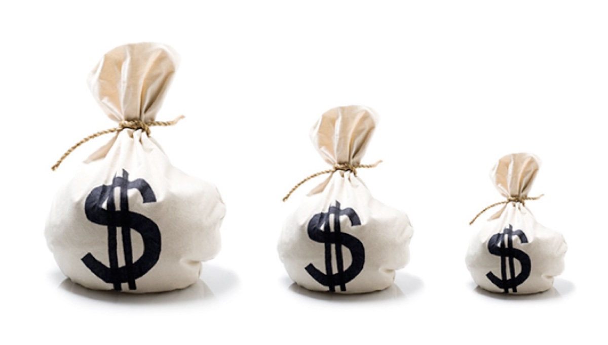 Three money bags decreasing in size, dollar signs on each.
