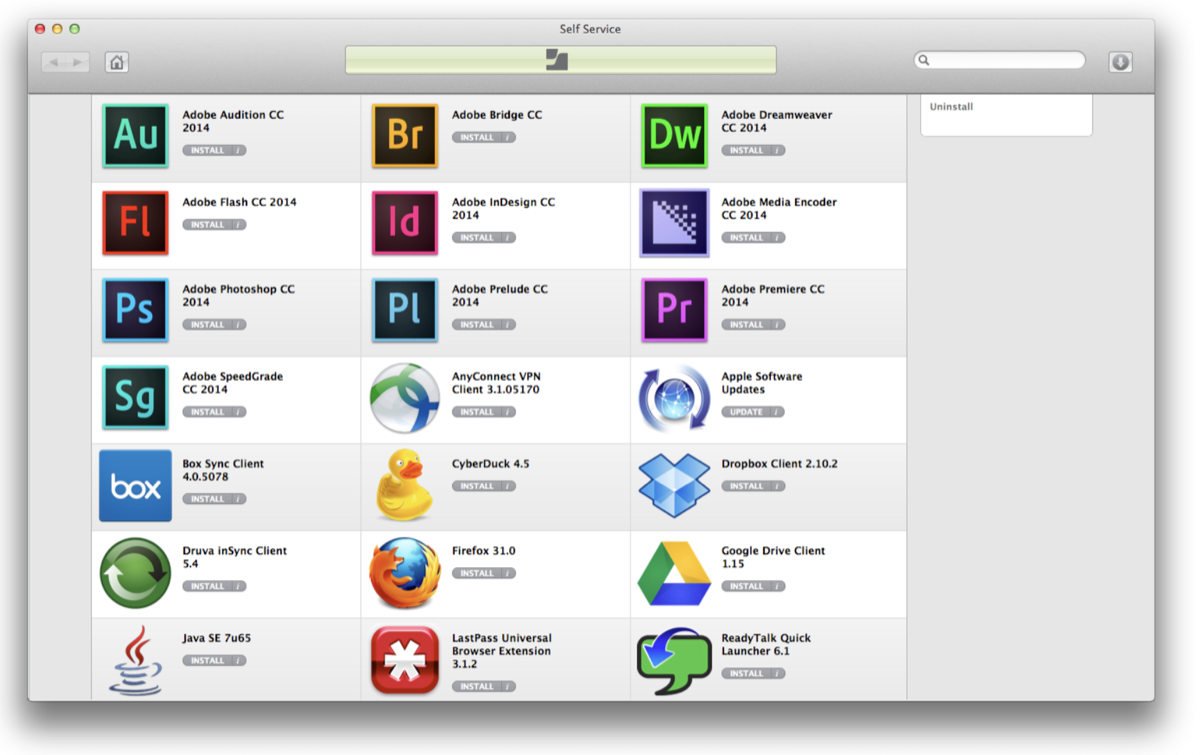 macOS Self Service window populated with installable Adobe CC 2014 apps (Audition, Bridge, Dreamweaver, Flash, InDesign, Media Encoder, Photoshop, Prelude, Premiere, SpeedGrade) plus AnyConnect VPN, Apple Software Updates, Box Sync, Cyberduck, Dropbox, Druva inSync, Firefox, Google Drive, Java SE 7u65, LastPass, ReadyTalk Quick Launcher.