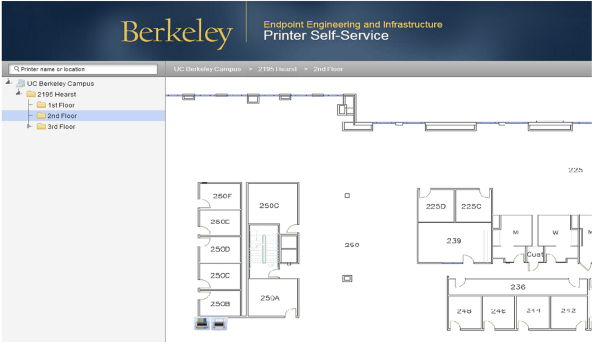 Berkeley Desktop Printer Self-Service portal: a navigable building/floor tree (UC Berkeley Campus → 2195 Hearst → 2nd Floor) over a floor plan with room numbers visible.