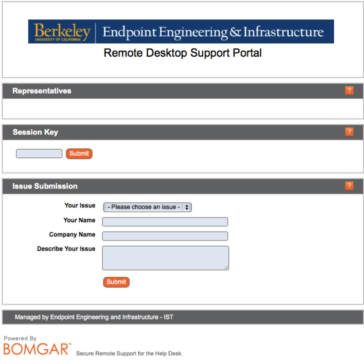 Berkeley EEI Remote Desktop Support Portal: Representatives panel, Session Key submission form, and Issue Submission form (issue, name, company, description). &ldquo;Powered by Bomgar — Secure Remote Support for the Help Desk.&rdquo;